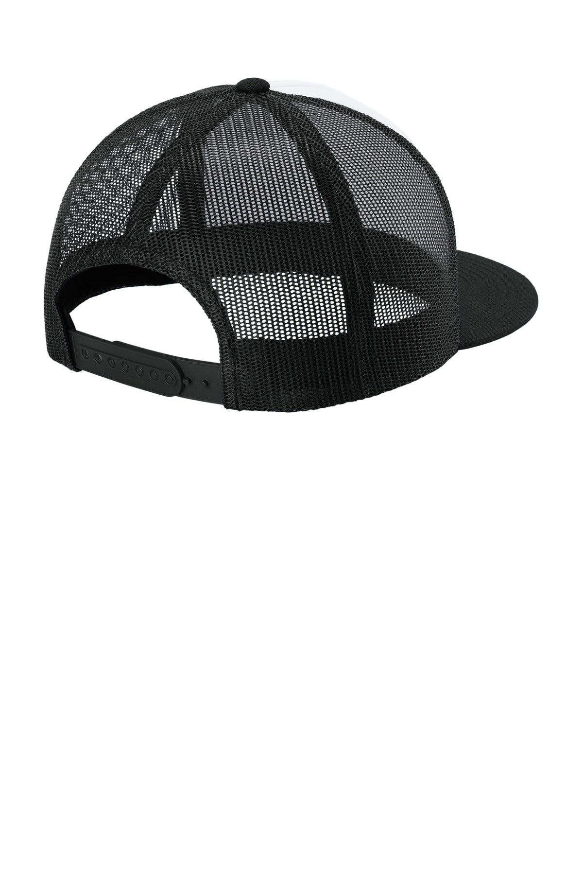 Rear View of Wht/Bk/Bk Sport-Tek YP Classics 5-Panel Classic Trucker Mesh Back Cap. STC38 plain