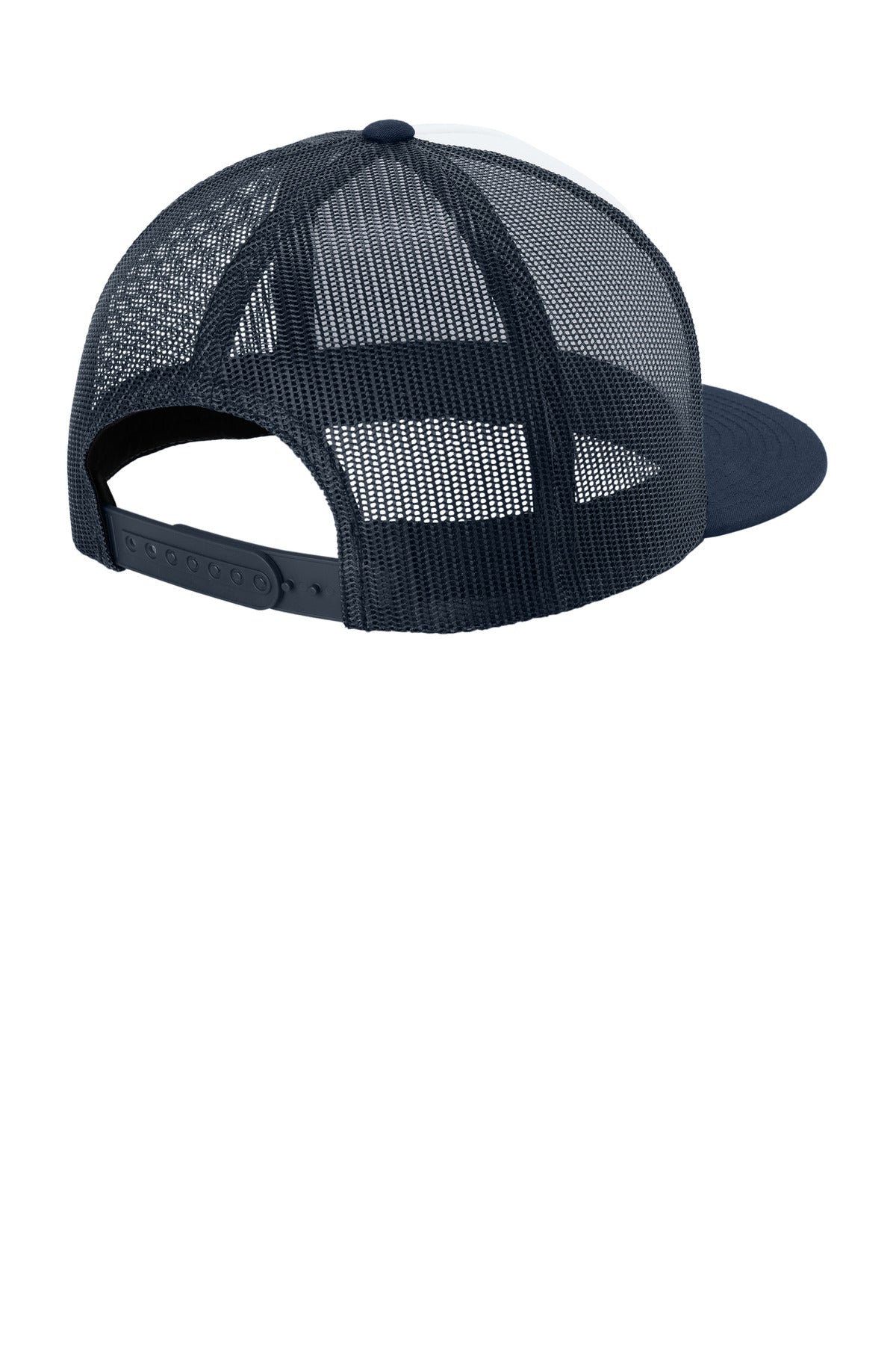 Rear View of Wh/TNv/TNv Sport-Tek YP Classics 5-Panel Classic Trucker Mesh Back Cap. STC38 plain
