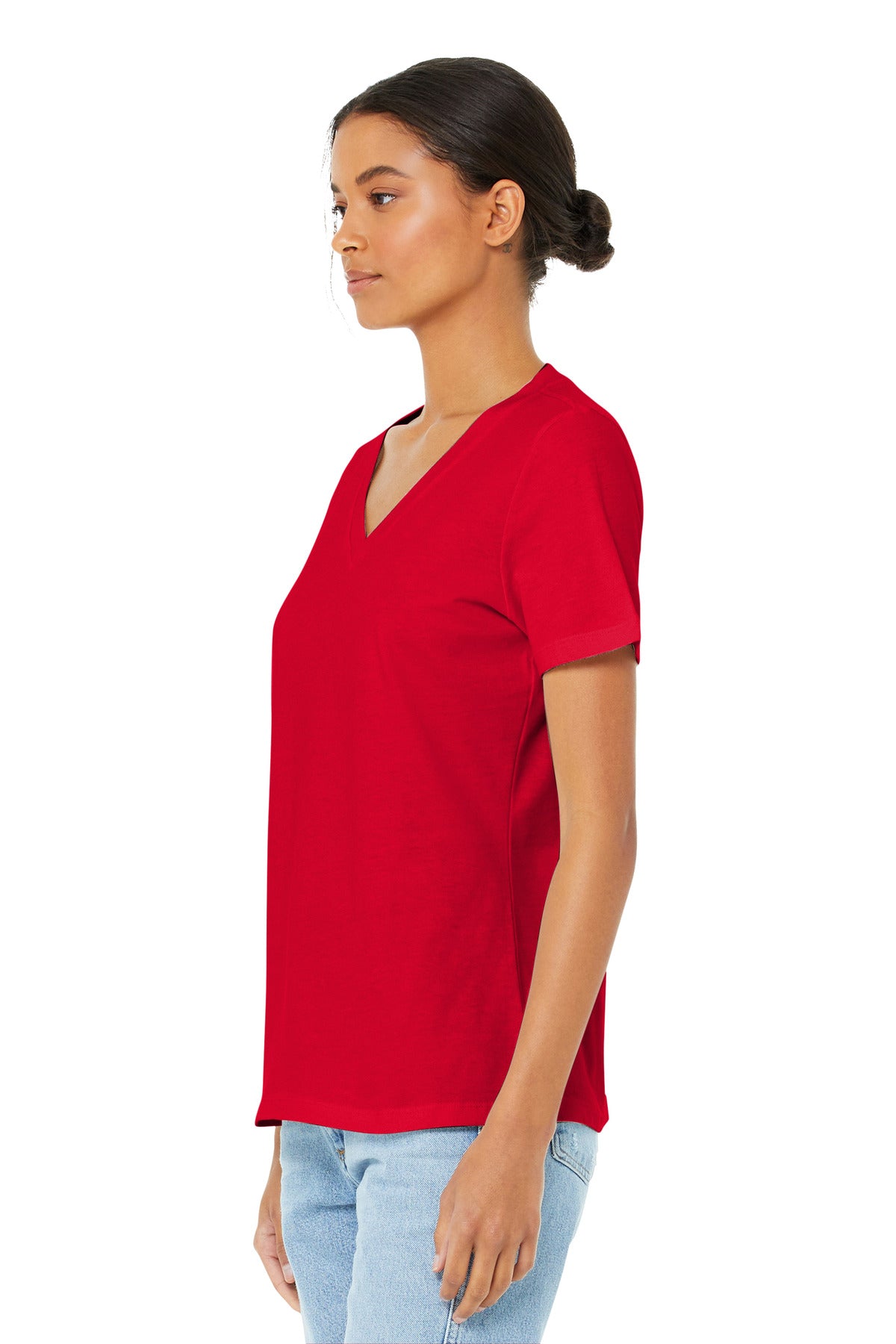 Red BELLA+CANVAS Women's Relaxed Jersey Short Sleeve V-Neck Tee. BC6405 plain
