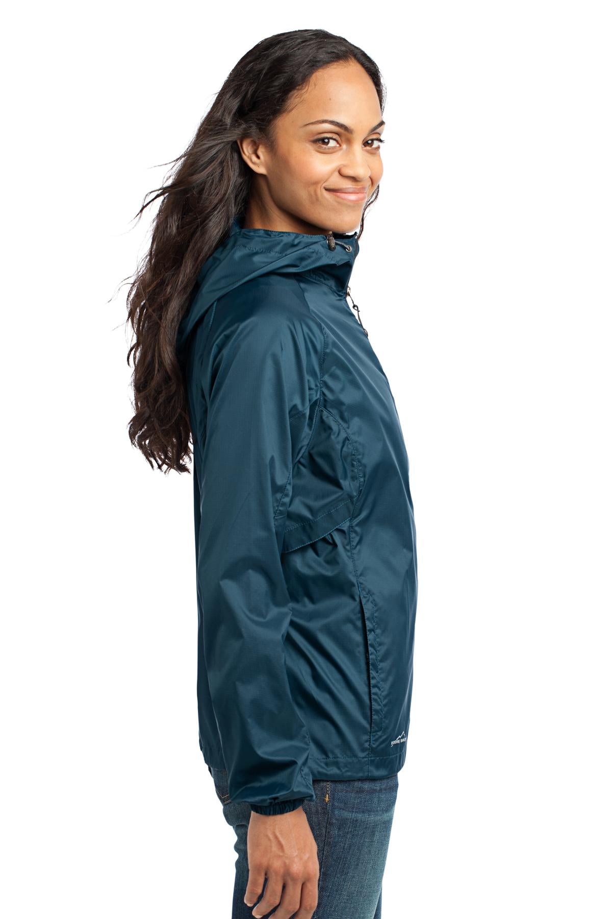 Right View of Adriatic Blue Eddie Bauer Women's Packable Wind Jacket. EB501 plain