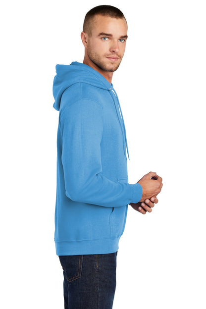 Right View of Aquatic Blue Port & Co Core Fleece Pullover Hooded Sweatshirt. PC78H plain
