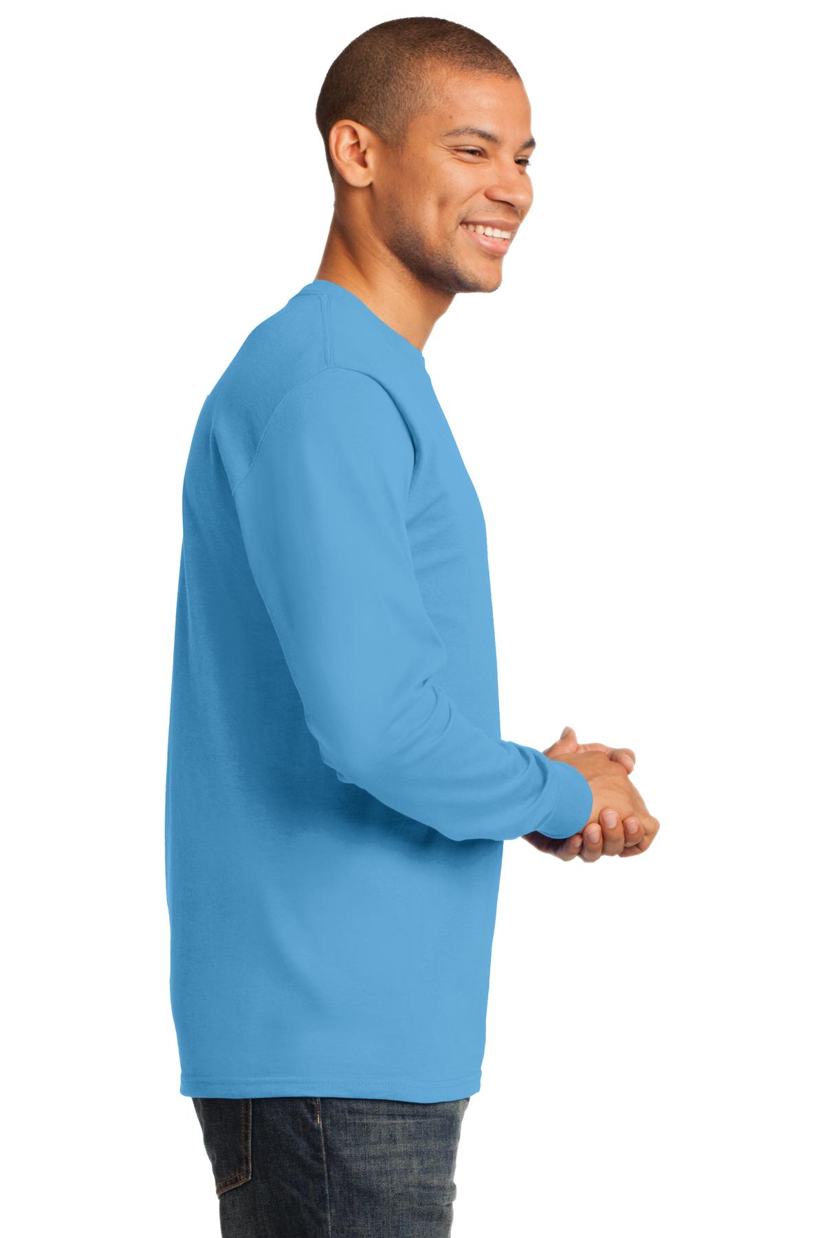 Right View of Aquatic Blue Port & Co Long Sleeve Essential Tee. PC61LS plain