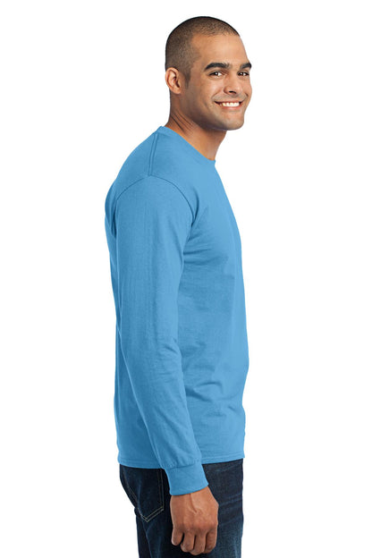 Right View of Aquatic Blue Port & Co Tall Long Sleeve Core Blend Tee. PC55LST plain