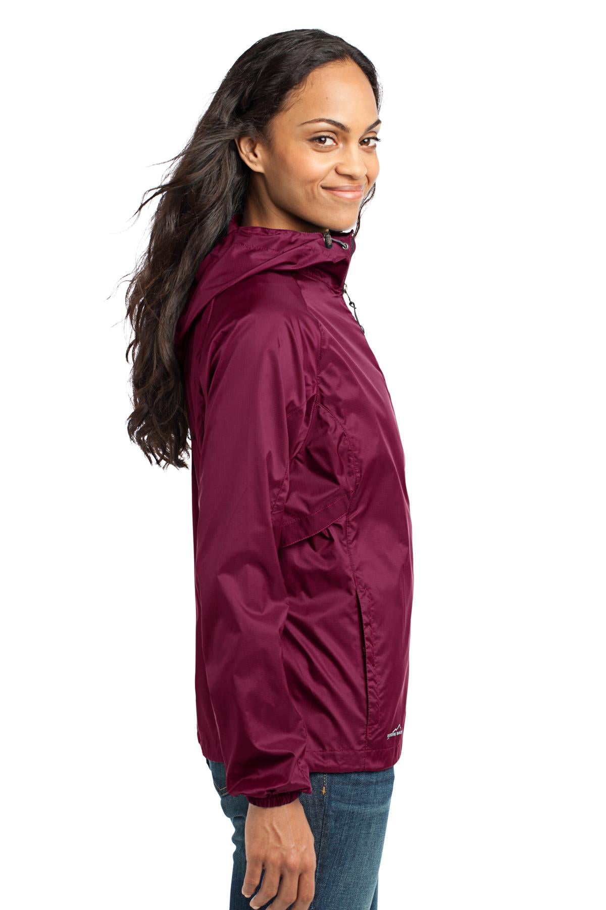 Right View of Black Cherry Eddie Bauer Women's Packable Wind Jacket. EB501 plain