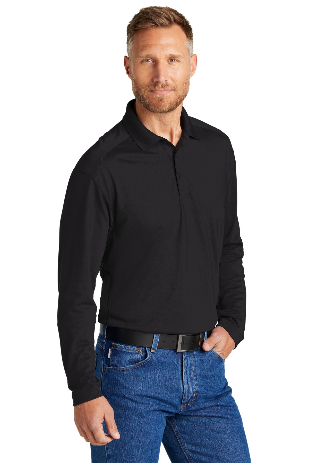 Right View of Black CornerStone Select Lightweight Snag-Proof Long Sleeve Polo CS418LS plain