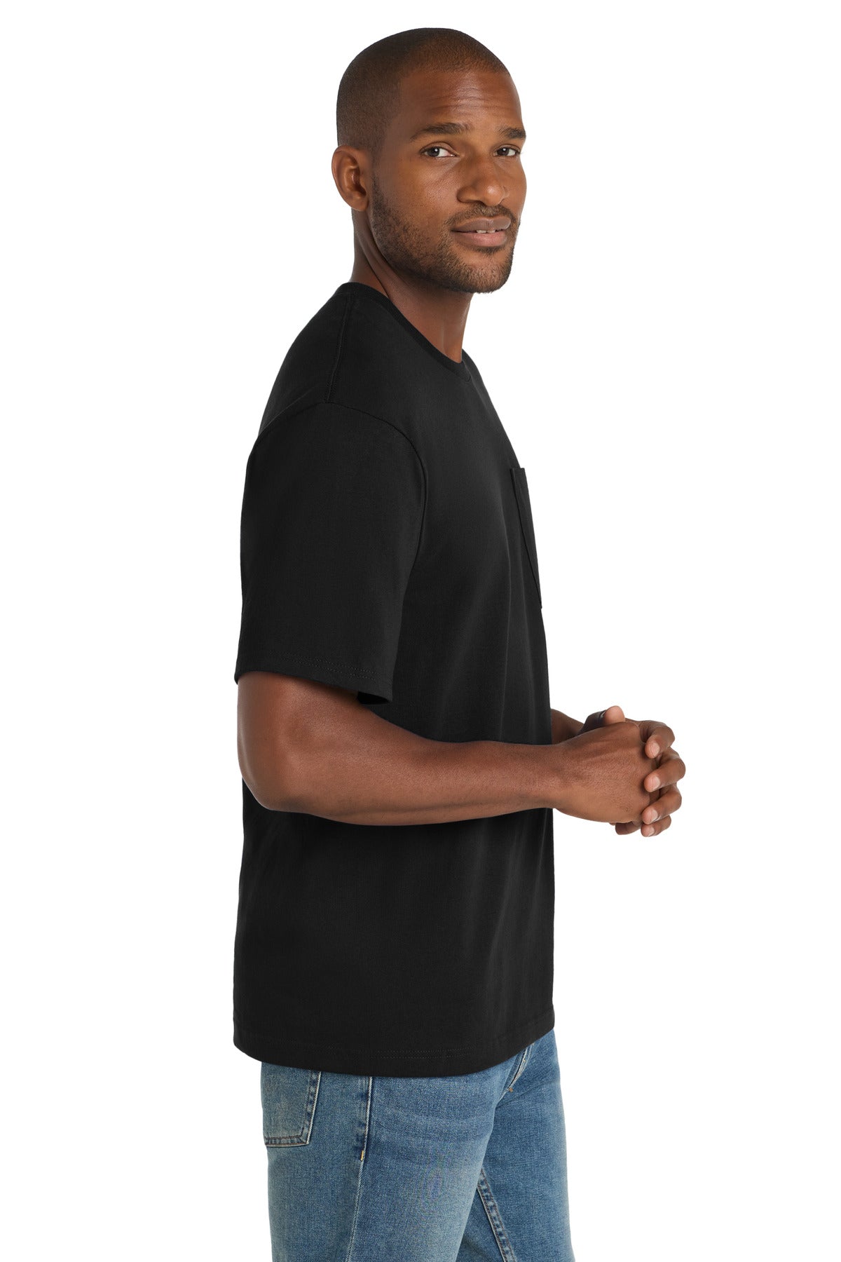 Right View of Black CornerStone Workwear Pocket Tee CS430 plain