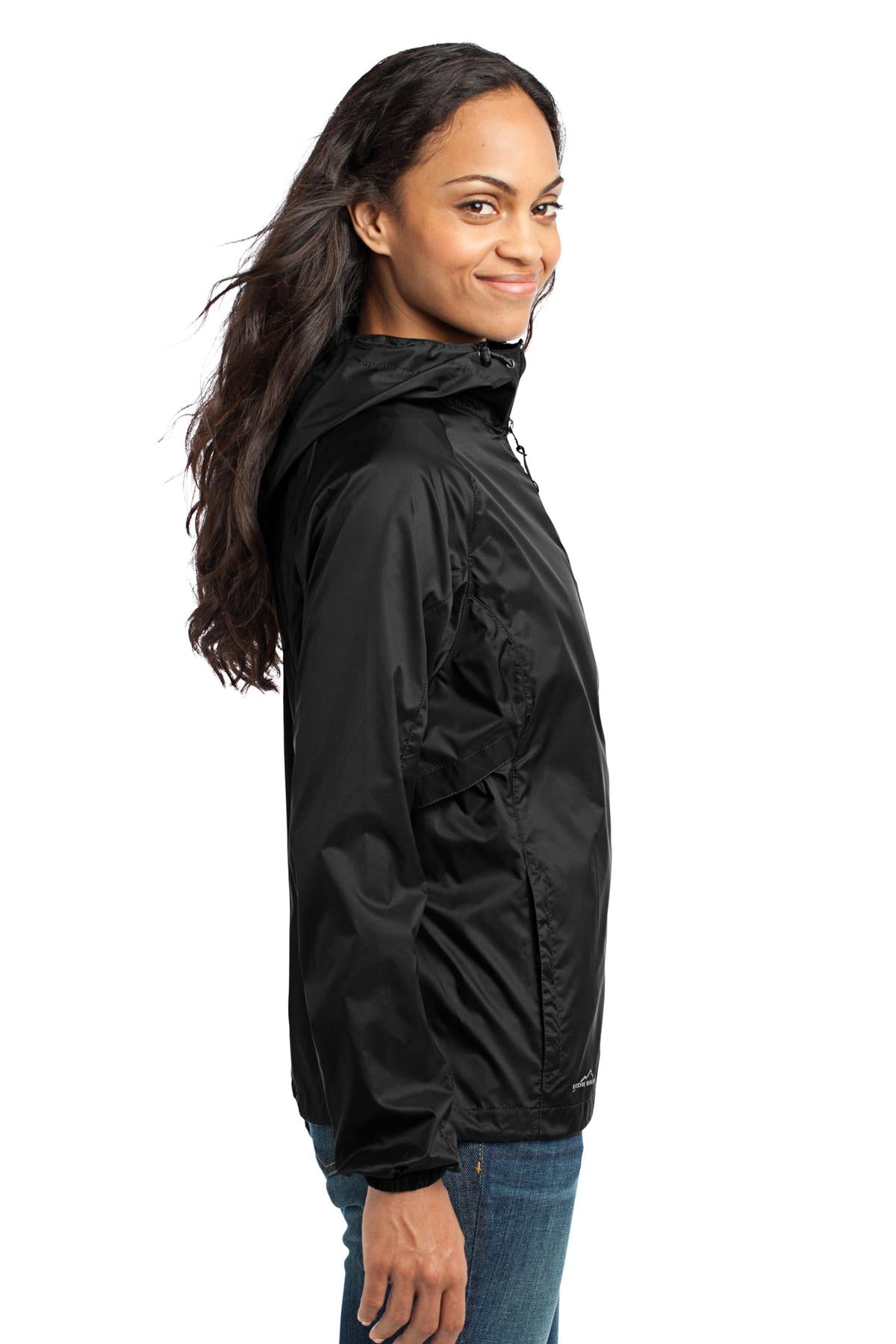 Right View of Black Eddie Bauer Women's Packable Wind Jacket. EB501 plain