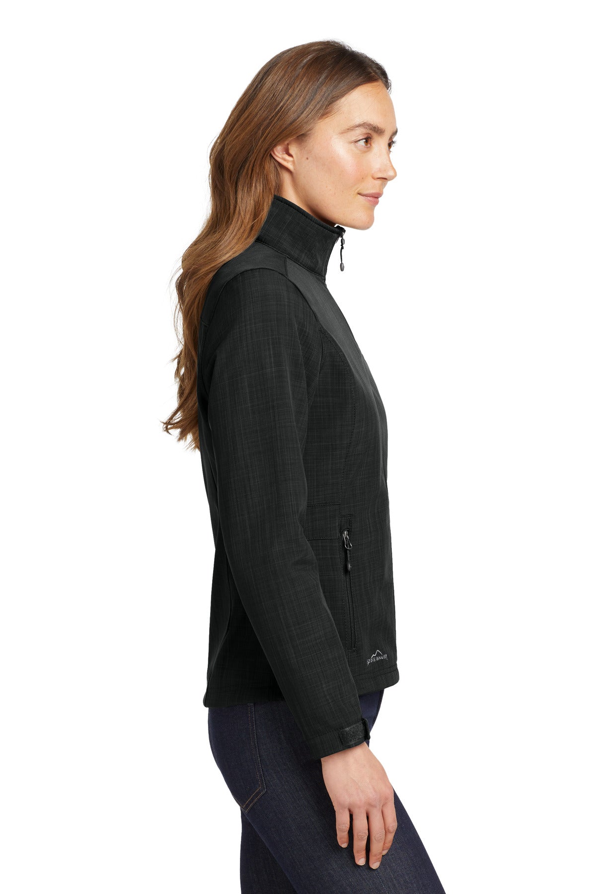 Right View of Black Eddie Bauer Women's Shaded Crosshatch Soft Shell Jacket. EB533 plain