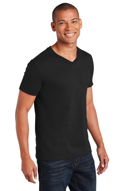 Right View of Black Gildan Softstyle V-Neck T-Shirt. 64V00 plain