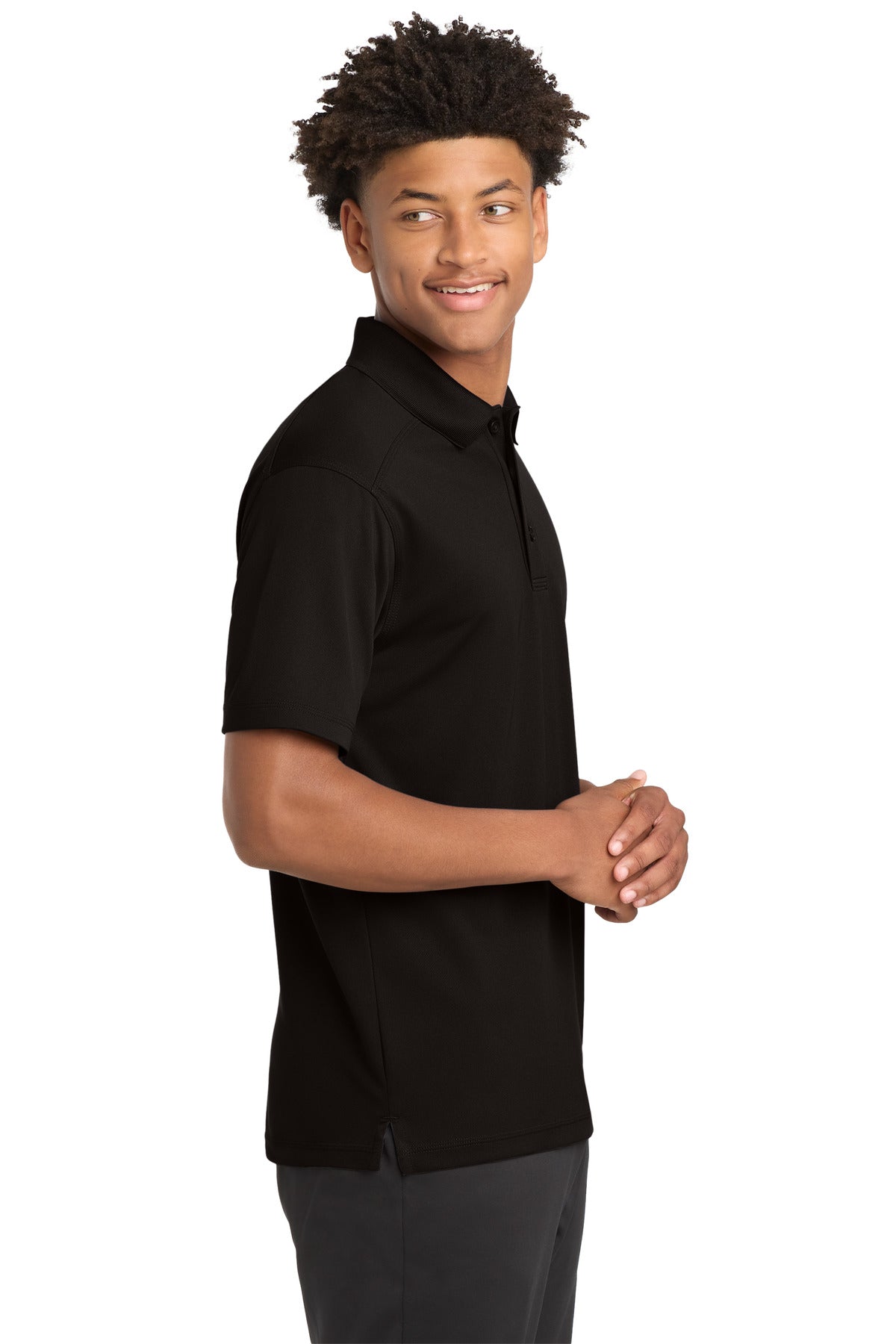 Right View of Black Sport-Tek PosiCharge Micro-Mesh Polo. ST680 plain
