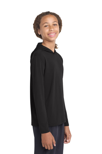 Right View of Black Sport-Tek Youth PosiCharge Competitor Hooded Pullover. YST358 plain