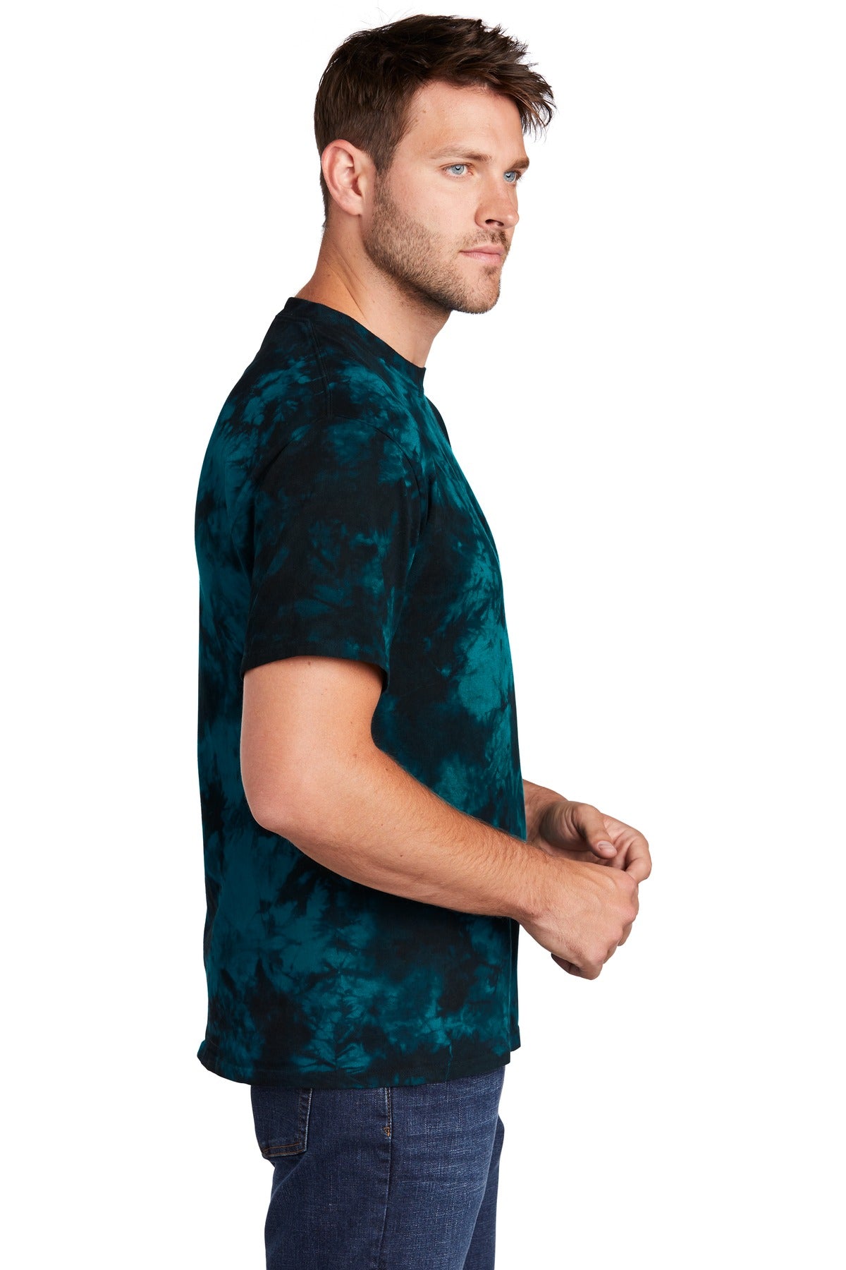 Right View of Black/Teal Port & Co Crystal Tie-Dye Tee PC145 plain