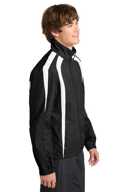 Right View of Black/White Sport-Tek Colorblock Raglan Jacket. JST60 plain
