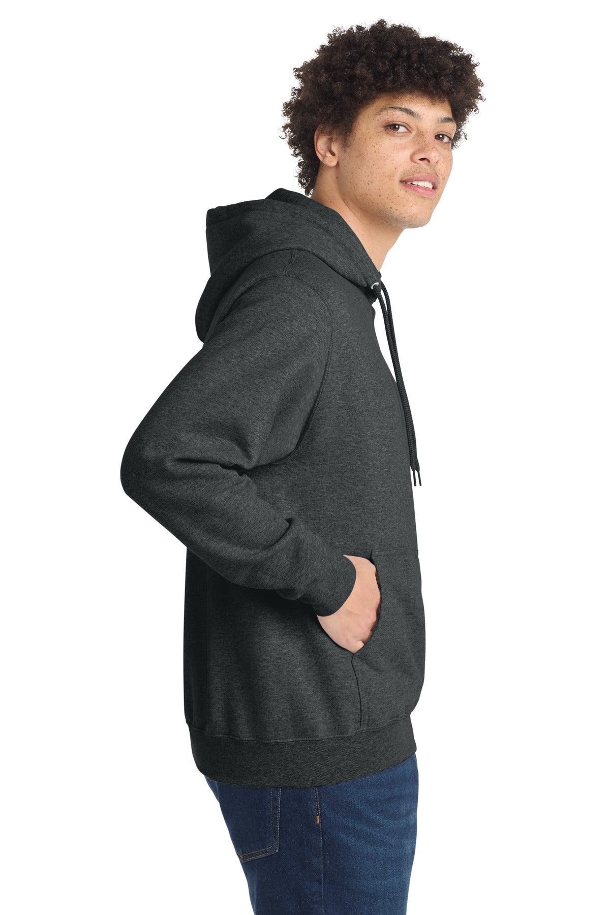 Right View of BlkHthr Port & Co Core Fleece Pullover Hooded Sweatshirt. PC78H plain