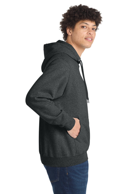 Right View of BlkHthr Port & Co Core Fleece Pullover Hooded Sweatshirt. PC78H plain