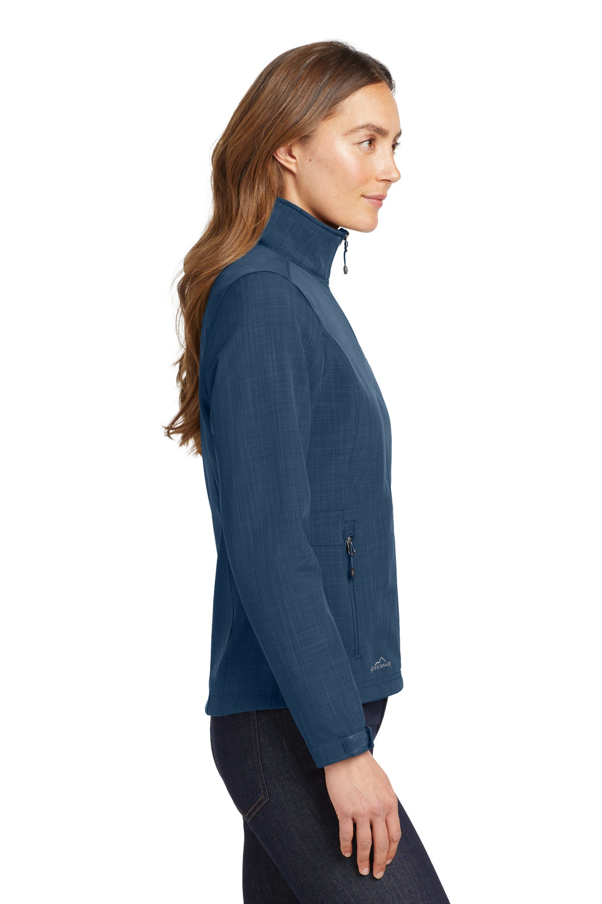 Right View of Blue Eddie Bauer Women's Shaded Crosshatch Soft Shell Jacket. EB533 plain