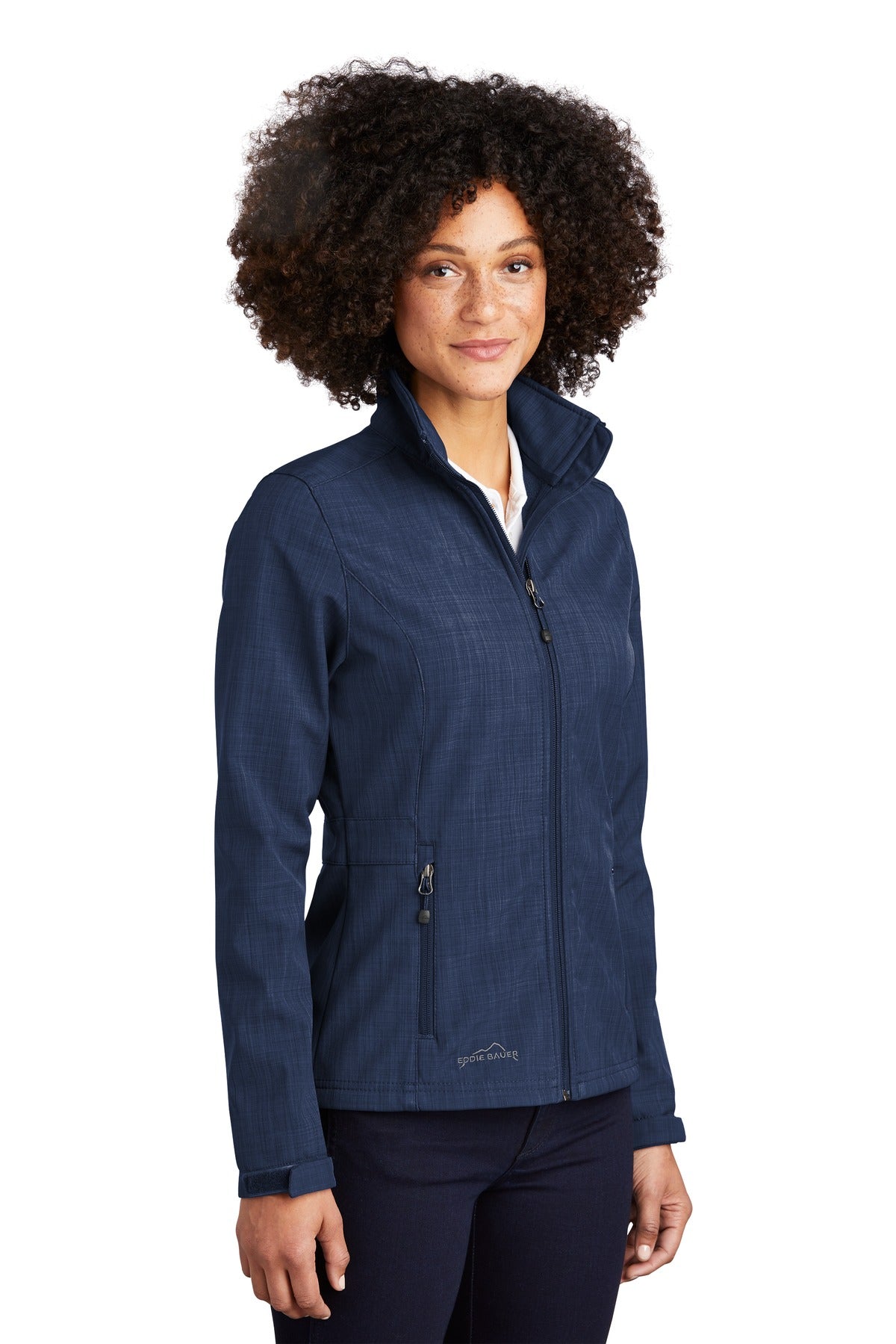 Right View of Blue Eddie Bauer Women's Shaded Crosshatch Soft Shell Jacket. EB533 plain