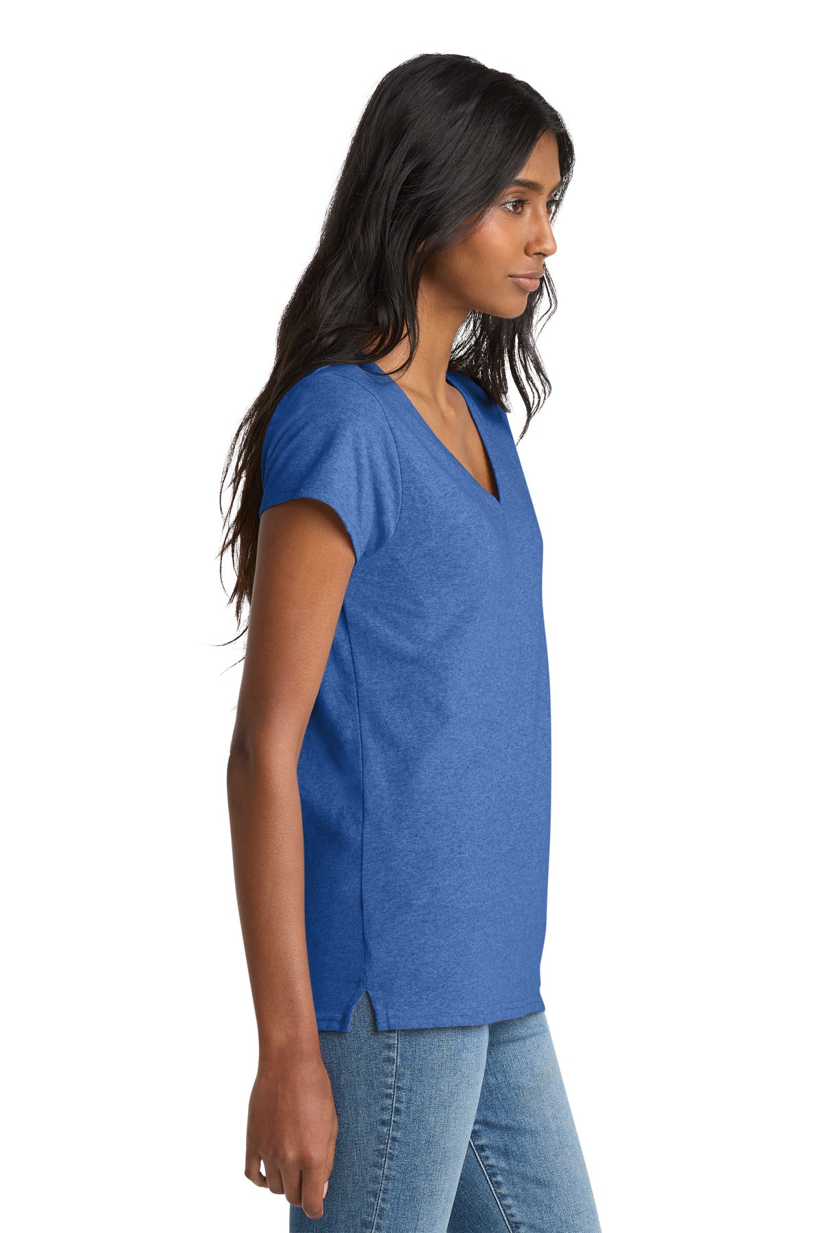Right View of Blue Heather District Women's Re-Tee V-Neck DT8001 plain