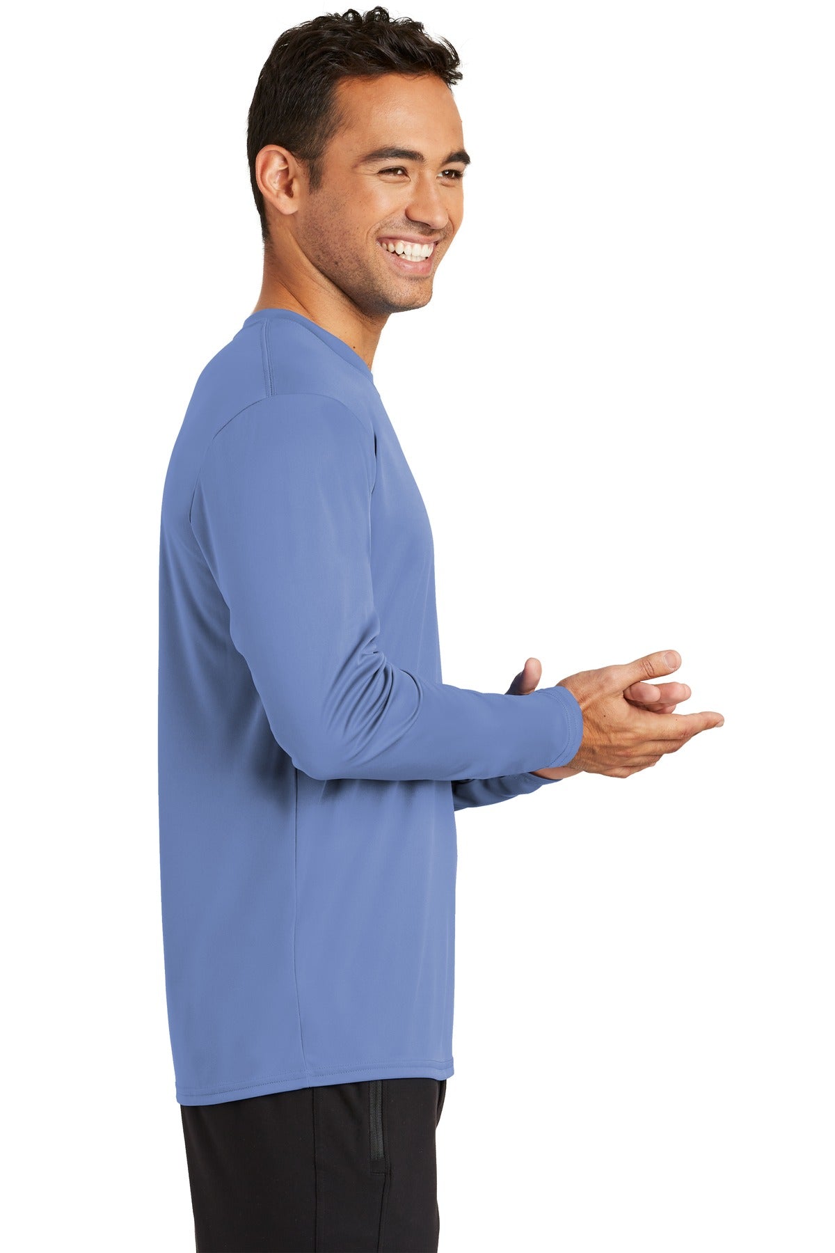 Right View of Carolina Blue Port & Co Long Sleeve Performance Tee. PC380LS plain