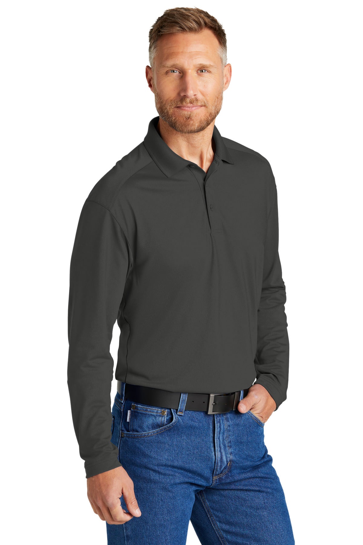 Right View of Charcoal CornerStone Select Lightweight Snag-Proof Long Sleeve Polo CS418LS plain
