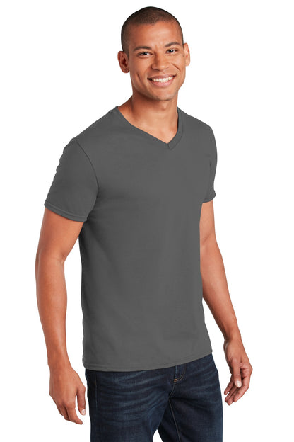 Right View of Charcoal Gildan Softstyle V-Neck T-Shirt. 64V00 plain