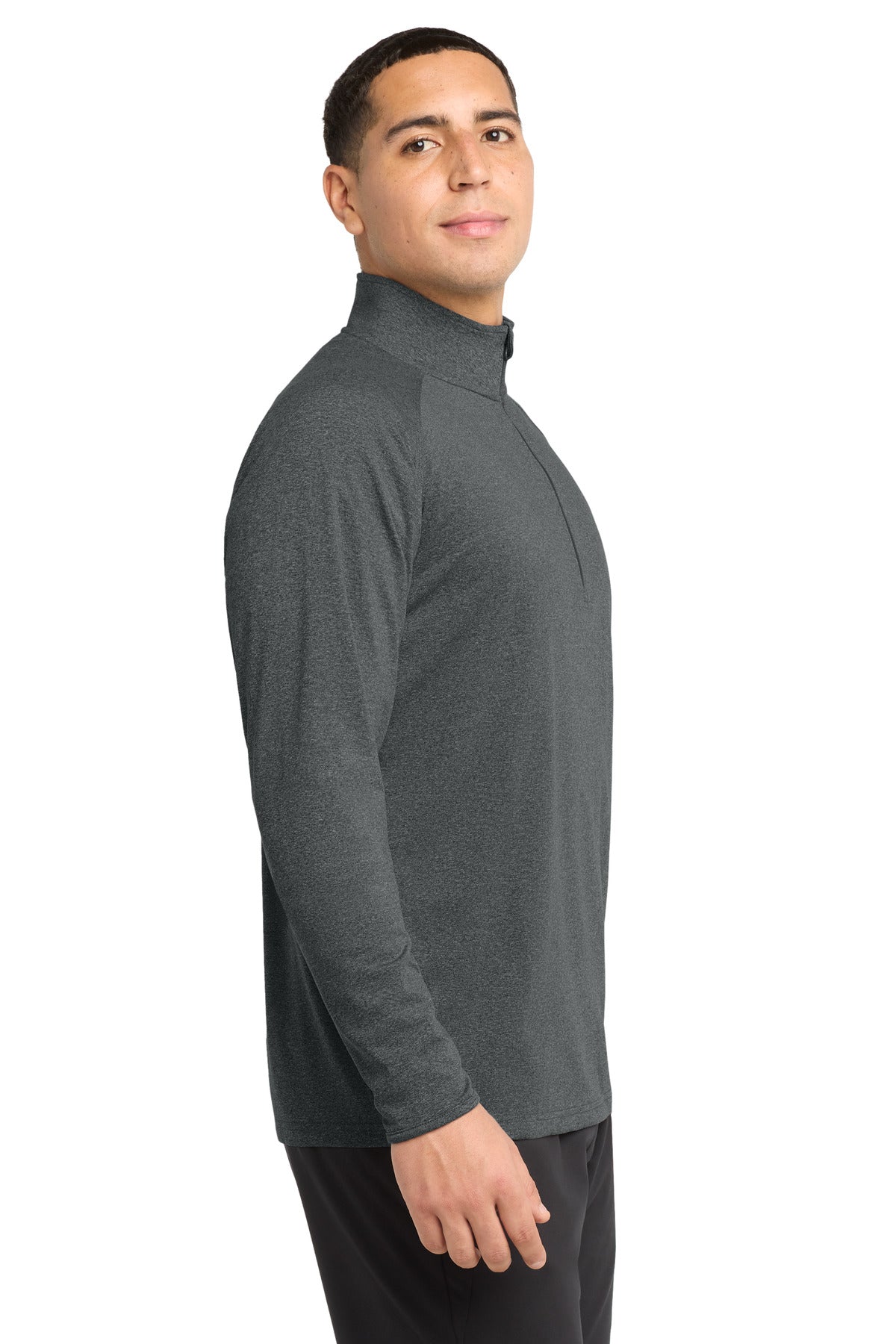 Right View of Charcoal Gy He Sport-Tek Sport-Wick Stretch 1/4-Zip Pullover. ST850 plain