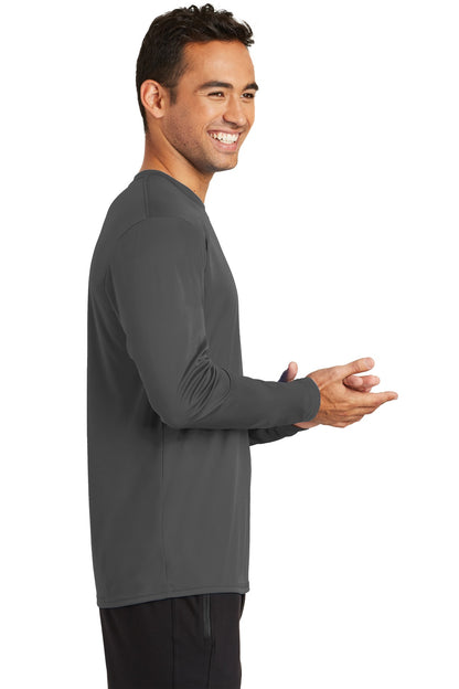 Right View of Charcoal Port & Co Long Sleeve Performance Tee. PC380LS plain