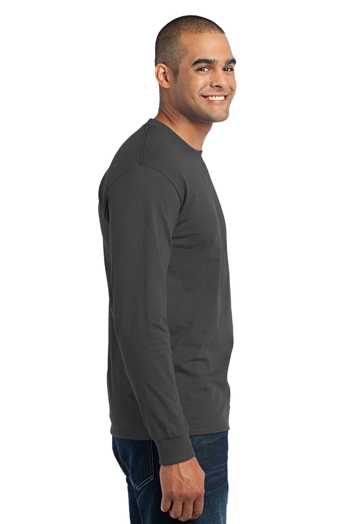 Right View of Charcoal Port & Co Tall Long Sleeve Core Blend Tee. PC55LST plain