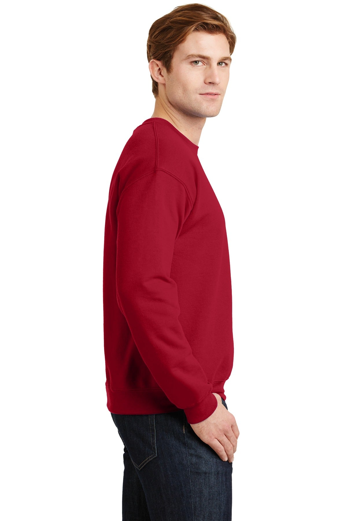 Right View of Cherry Red Gildan Heavy Blend Crewneck Sweatshirt. 18000 plain