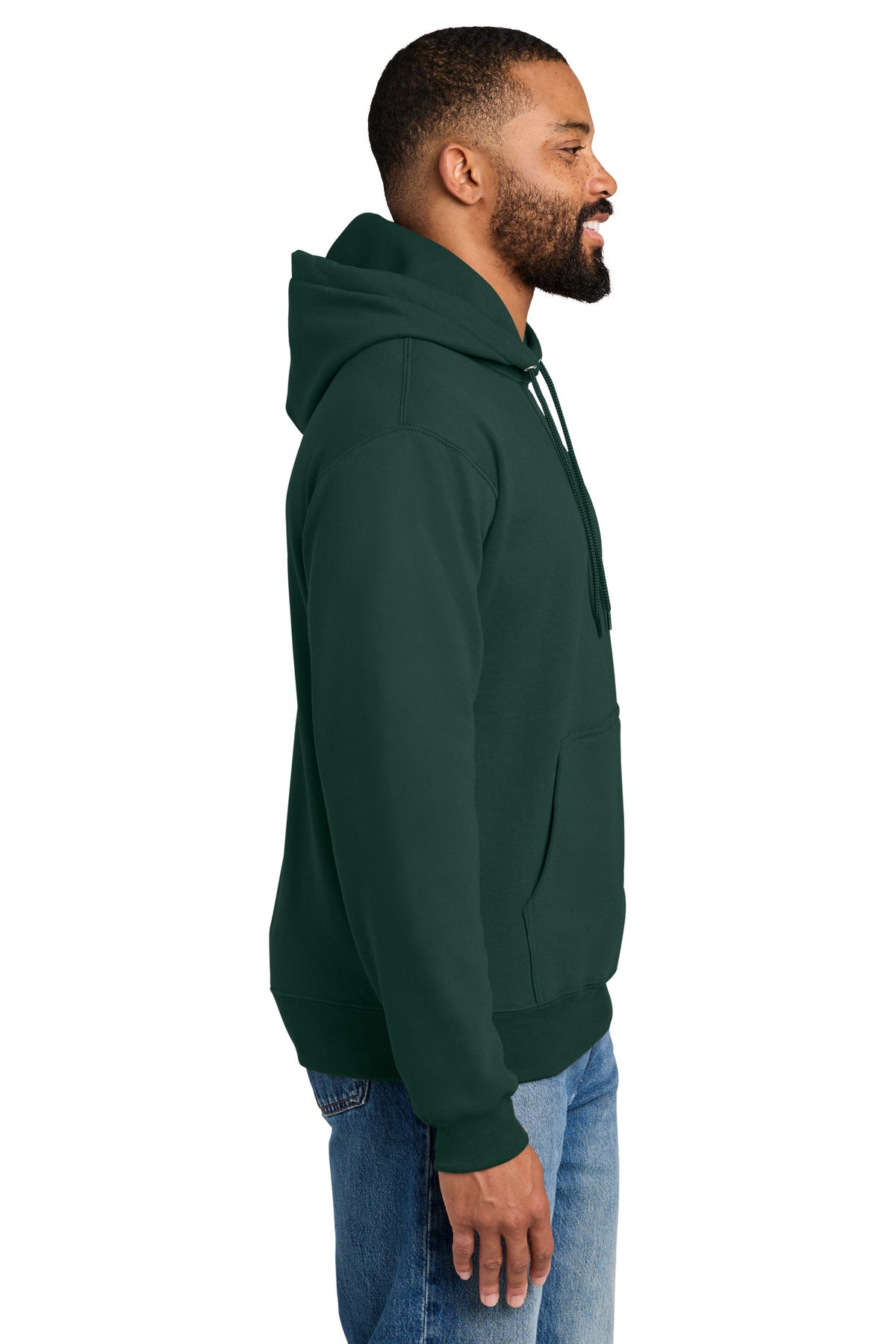 Right View of Dark Green Port & Co Tall Essential Fleece Pullover Hooded Sweatshirt. PC90HT plain