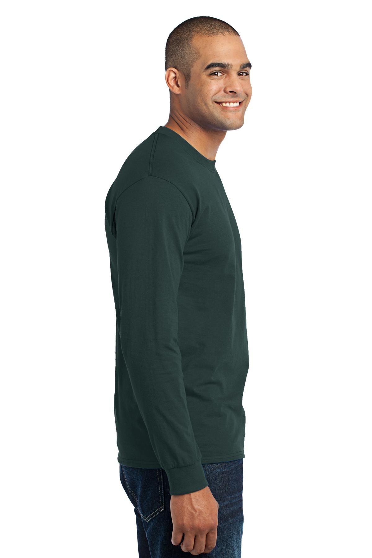Right View of Dark Green Port & Co Tall Long Sleeve Core Blend Tee. PC55LST plain