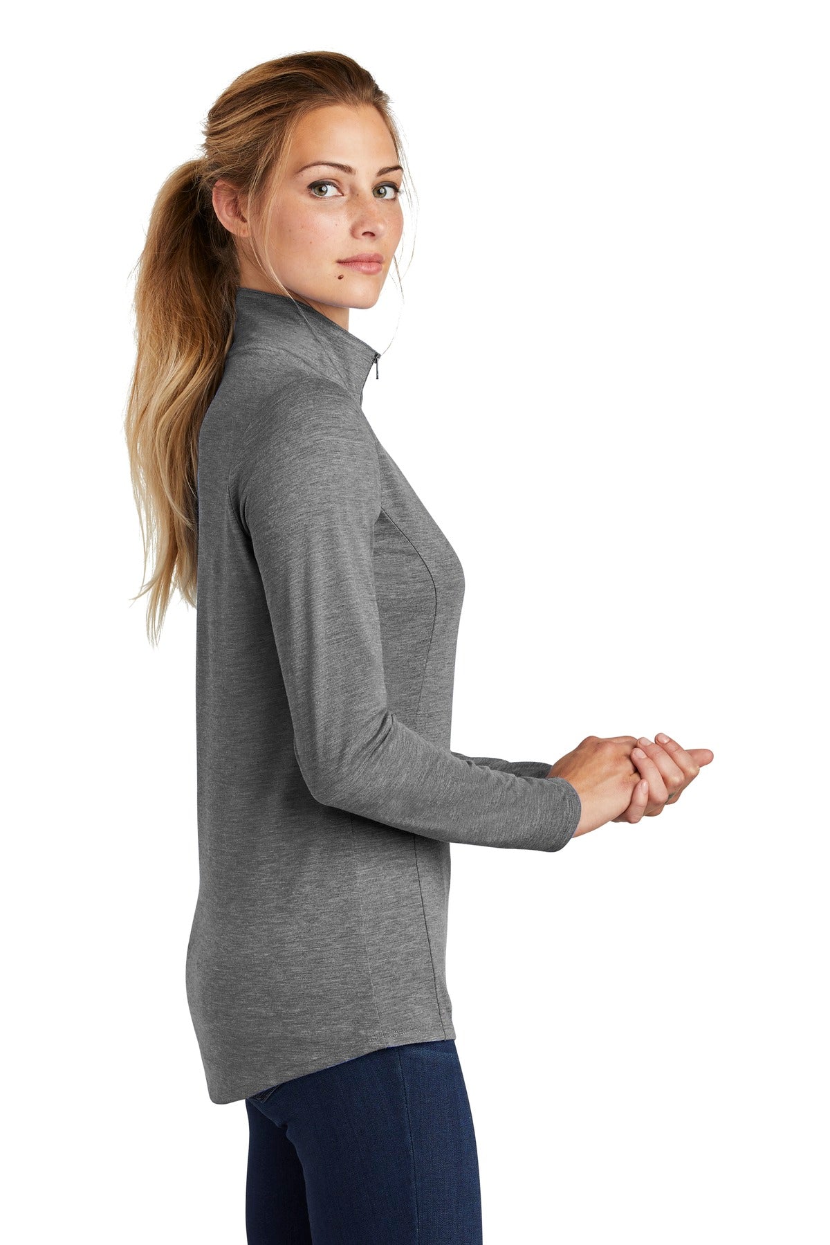 Right View of Dark Grey Hthr Sport-Tek Women's PosiCharge Tri-Blend Wicking 1/4-Zip Pullover. LST407 plain