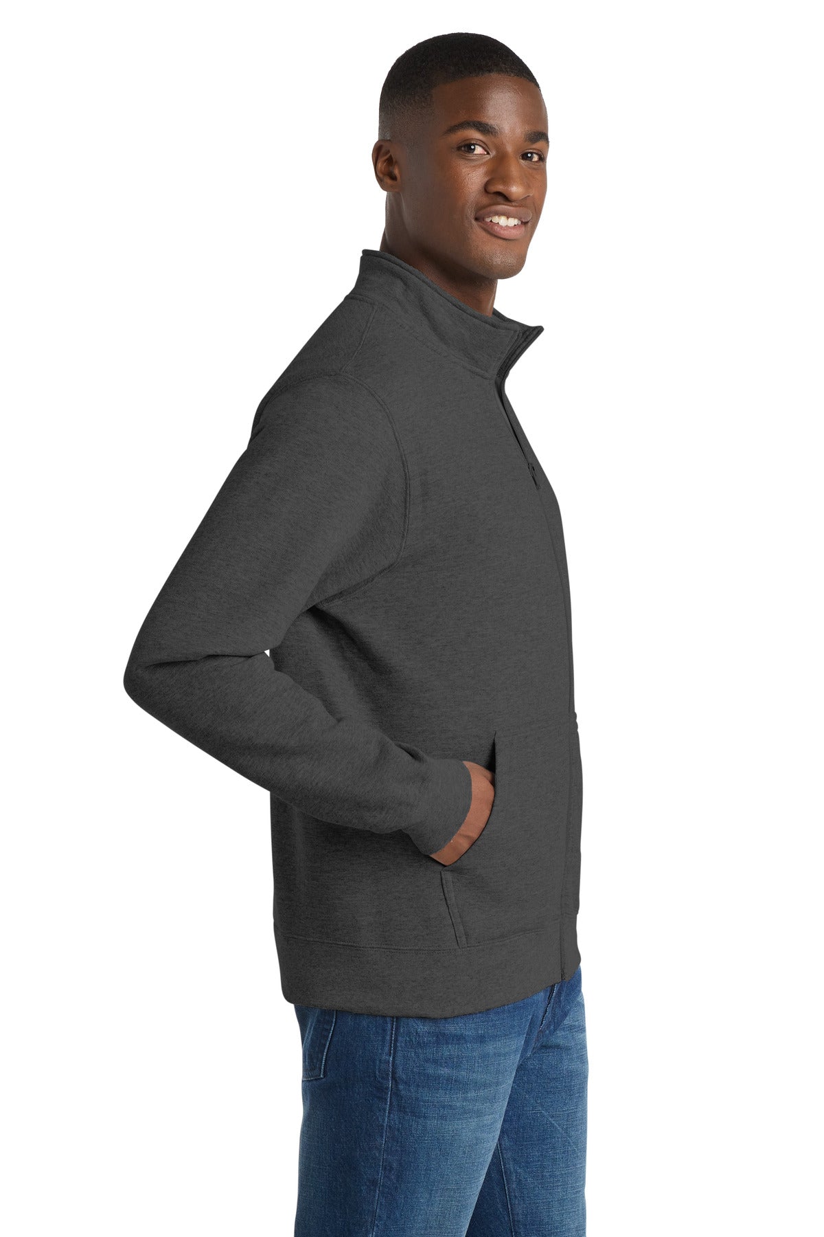 Right View of Dark Hthr Grey Port & Co Core Fleece Cadet Full-Zip Sweatshirt PC78FZ plain
