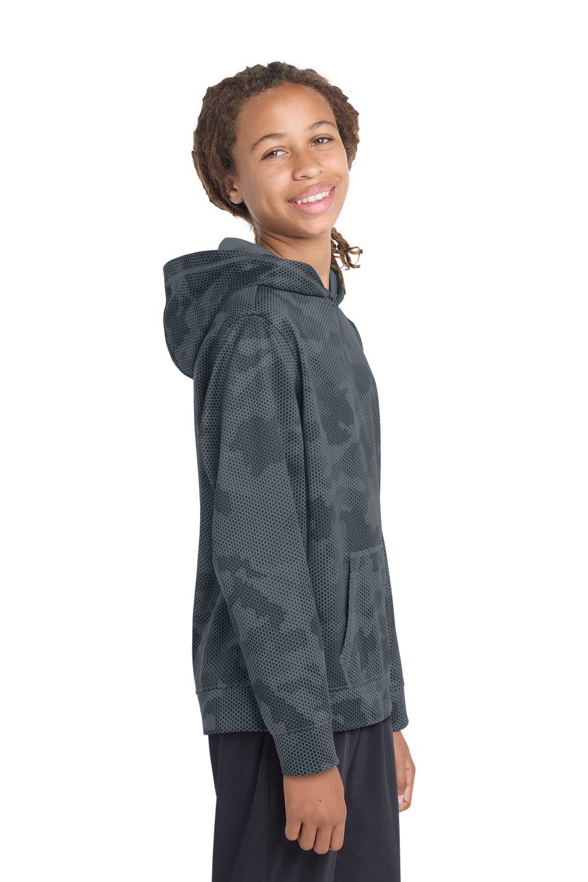 Right View of Dark Smoke Gry Sport-Tek Youth Sport-Wick CamoHex Fleece Hooded Pullover. YST240 plain