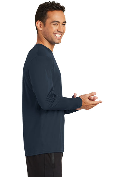 Right View of Deep Navy Port & Co Long Sleeve Performance Tee. PC380LS plain