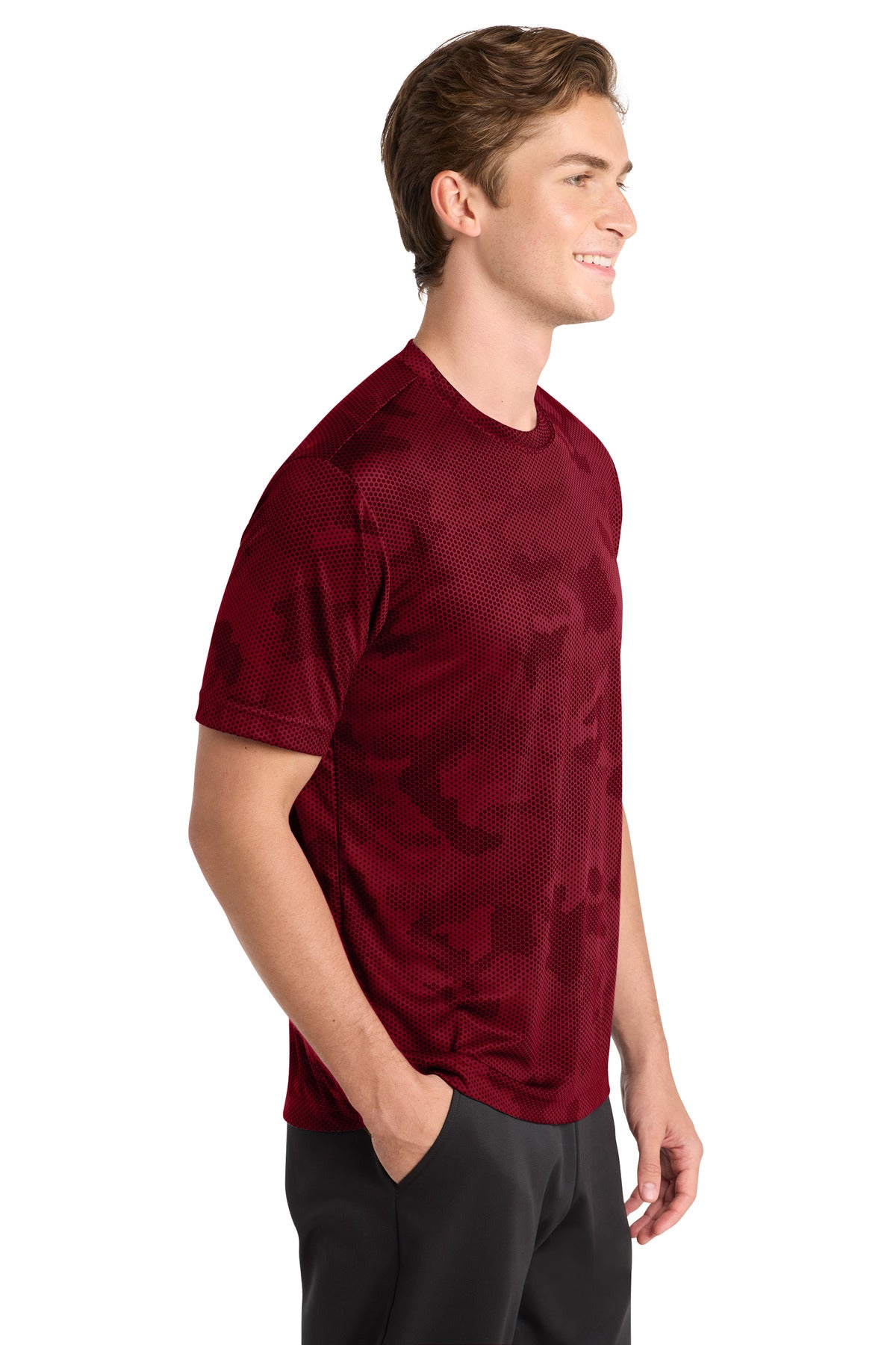 Right View of Deep Red Sport-Tek CamoHex Tee. ST370 plain