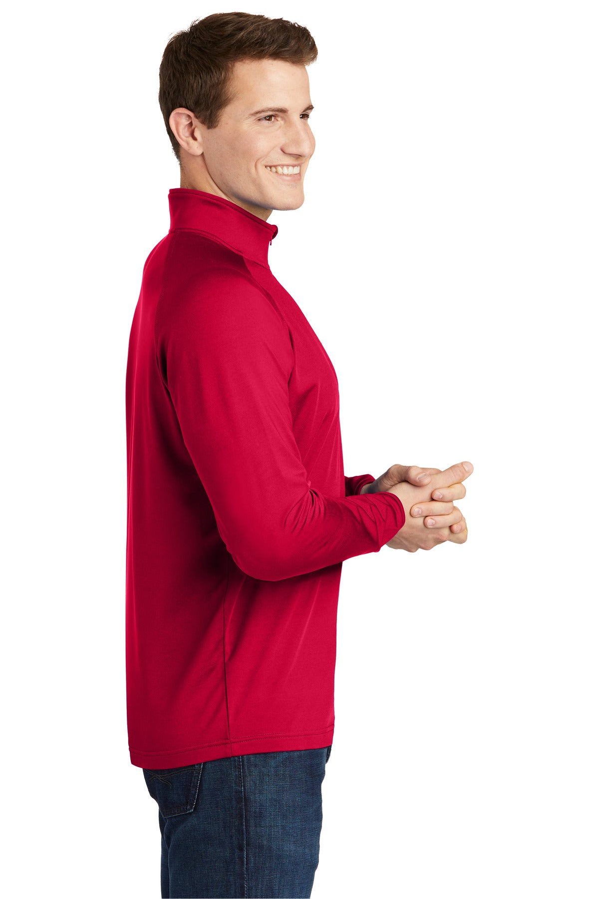 Right View of DeepRed Sport-Tek Sport-Wick Stretch 1/4-Zip Pullover. ST850 plain