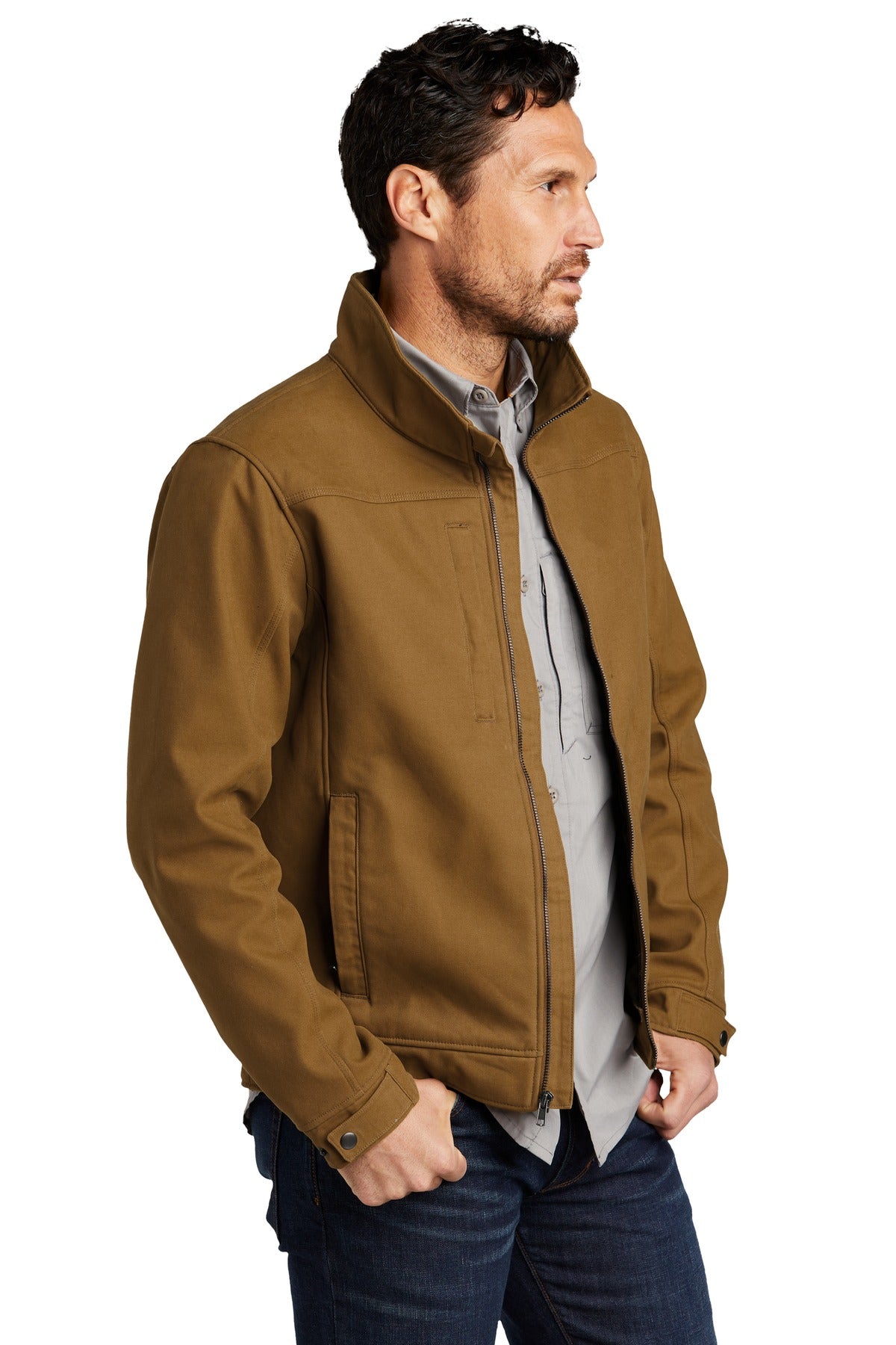 Right View of Duck Brown CornerStone Duck Bonded Soft Shell Jacket CSJ60 plain