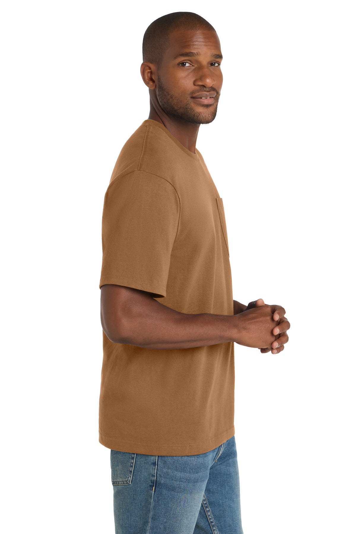 Right View of Duck Brown CornerStone Workwear Pocket Tee CS430 plain