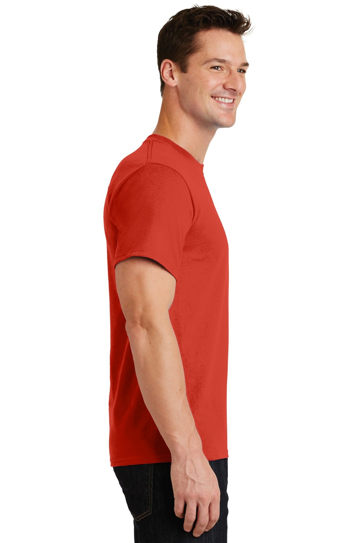 Right View of Fiery Red Port & Co Essential Tee. PC61 plain