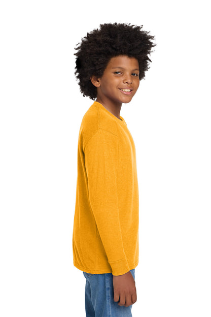 Right View of Gold Gildan Youth Heavy Cotton 100% Cotton Long Sleeve T-Shirt. 5400B plain