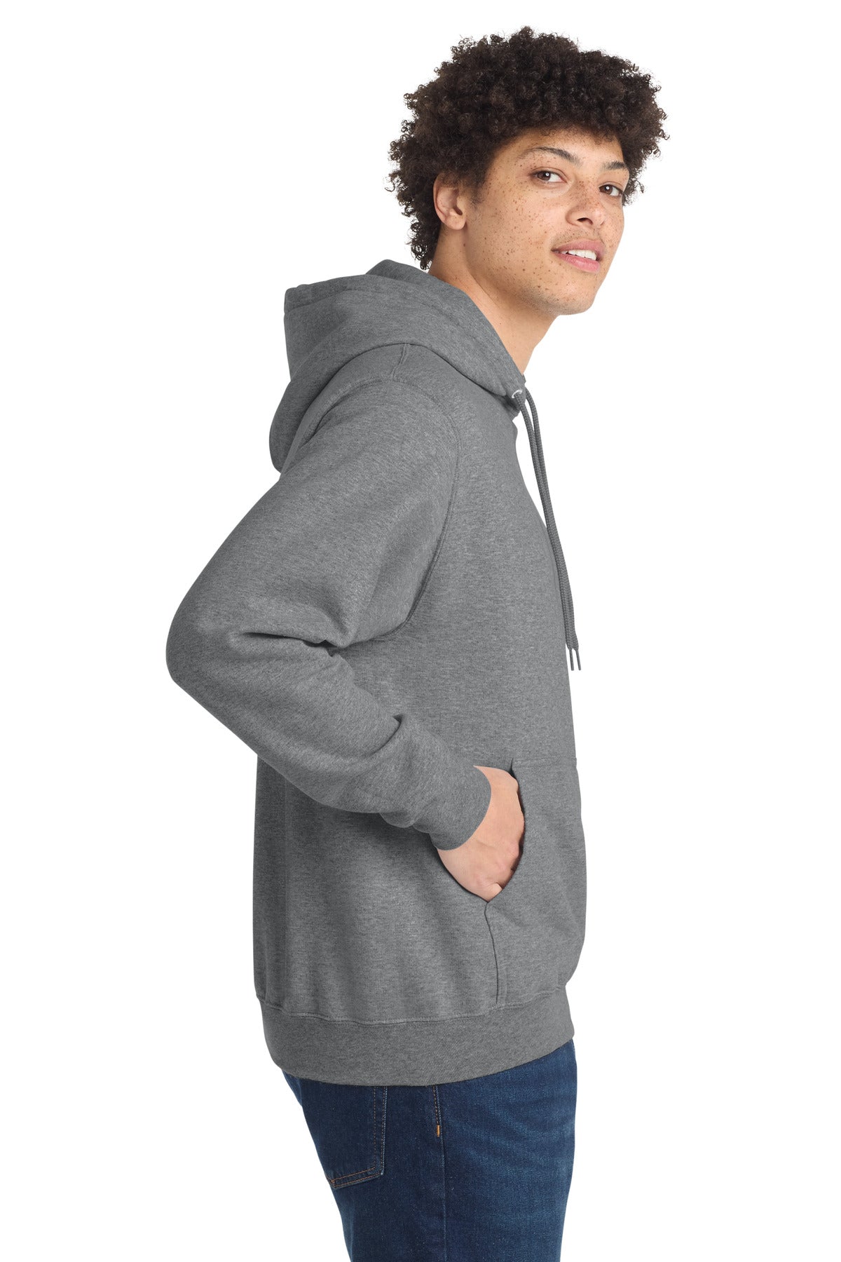 Right View of Graphite Hthr Port & Co Core Fleece Pullover Hooded Sweatshirt. PC78H plain