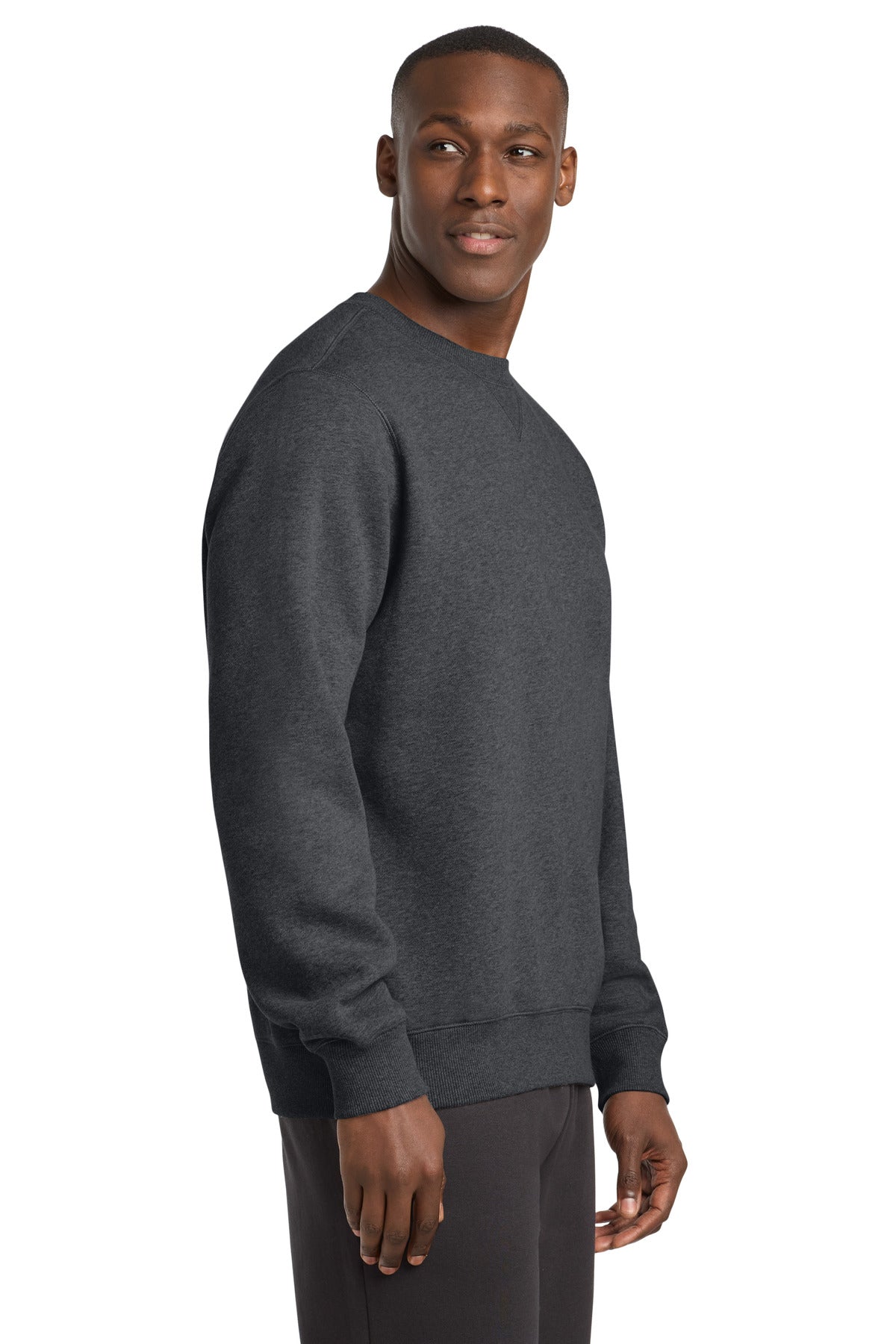 Right View of Graphite Hthr Sport-Tek Crewneck Sweatshirt. ST266 plain