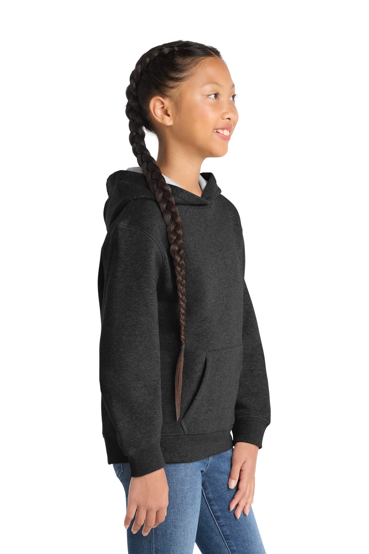 Right View of Graphite Hthr Sport-Tek Youth Pullover Hooded Sweatshirt. YST254 plain