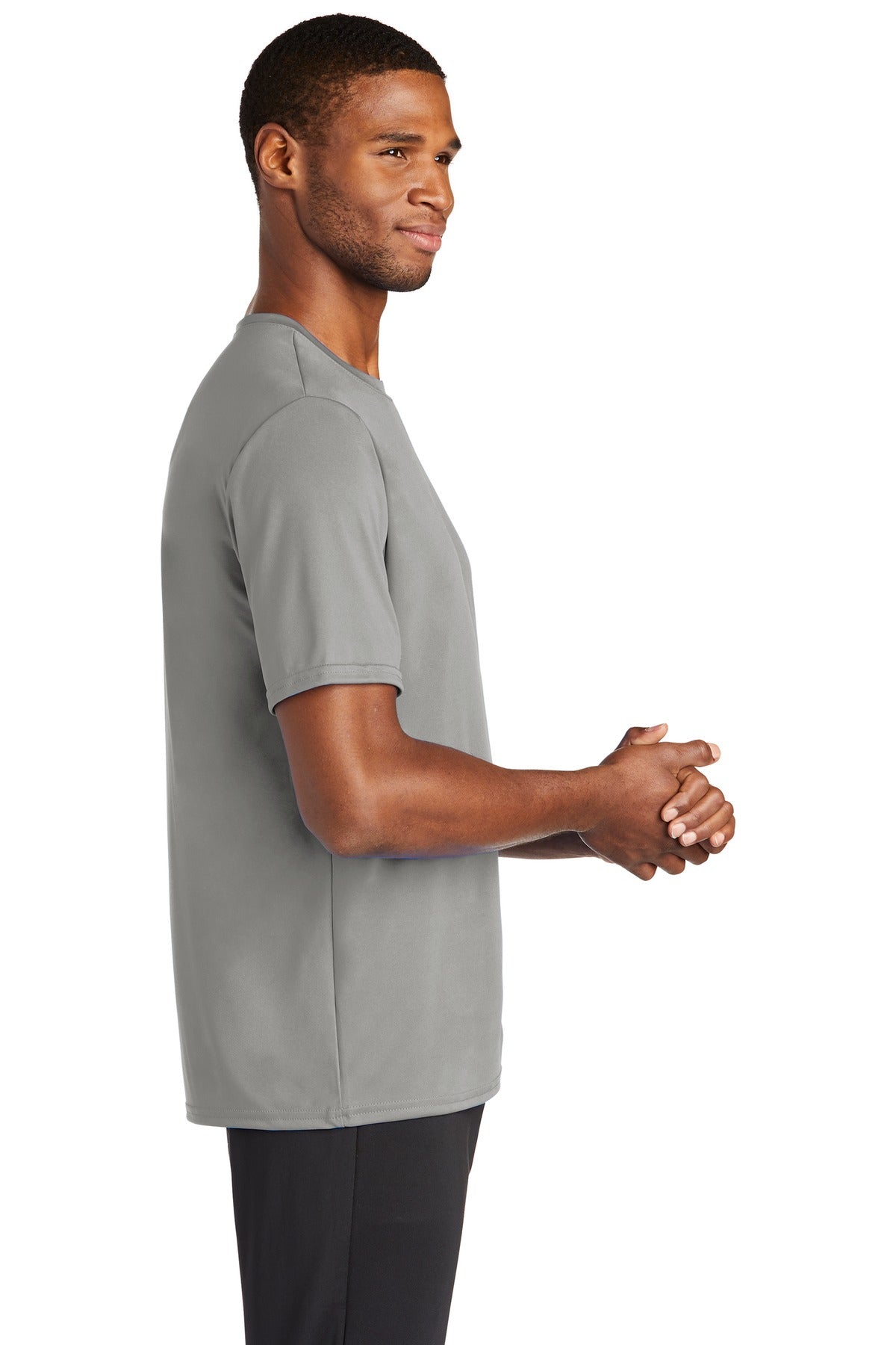 Right View of Grey Concrete Port & Co Performance Tee. PC380 plain