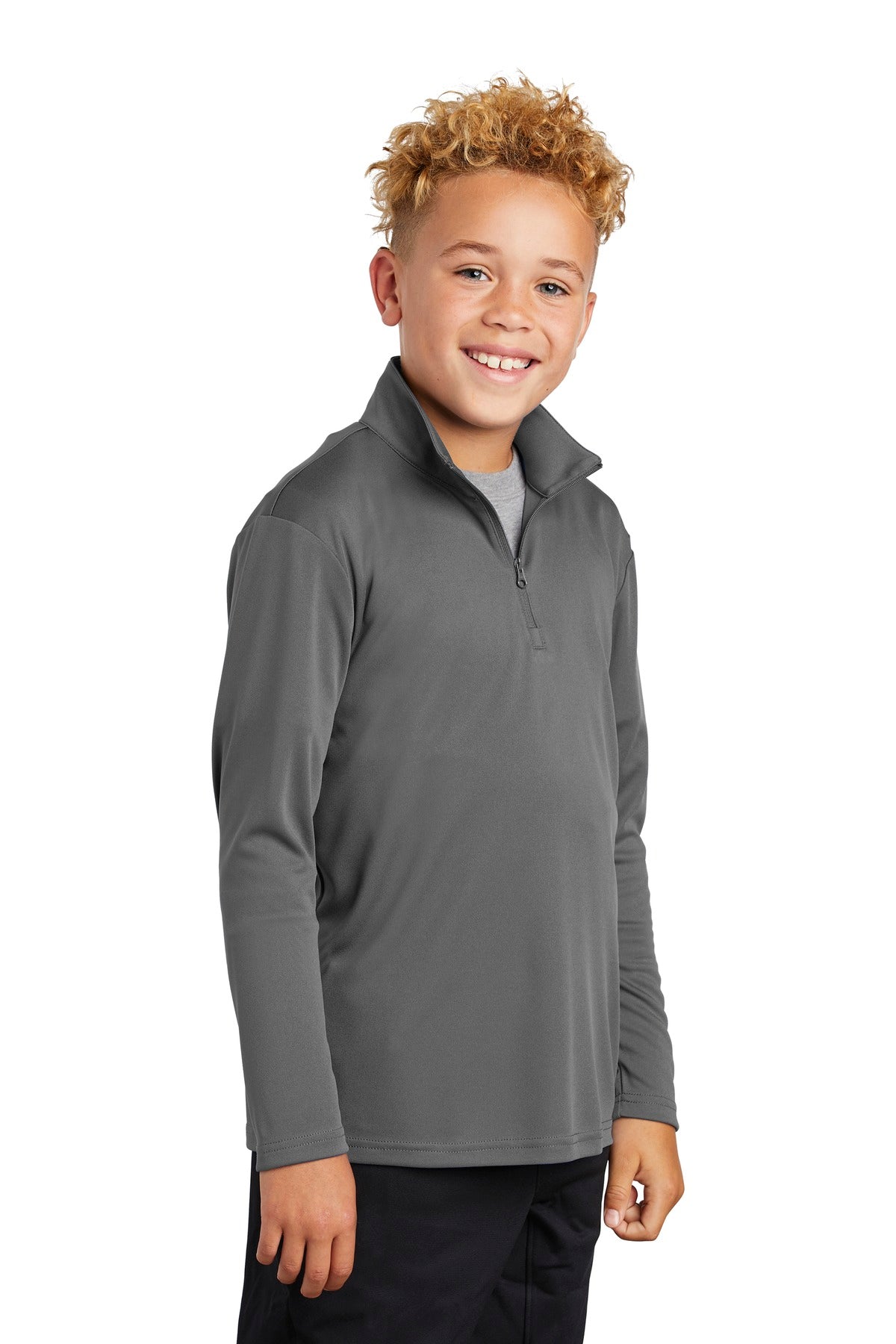 Right View of Grey Concrete Sport-Tek Youth PosiCharge Competitor 1/4-Zip Pullover. YST357 plain