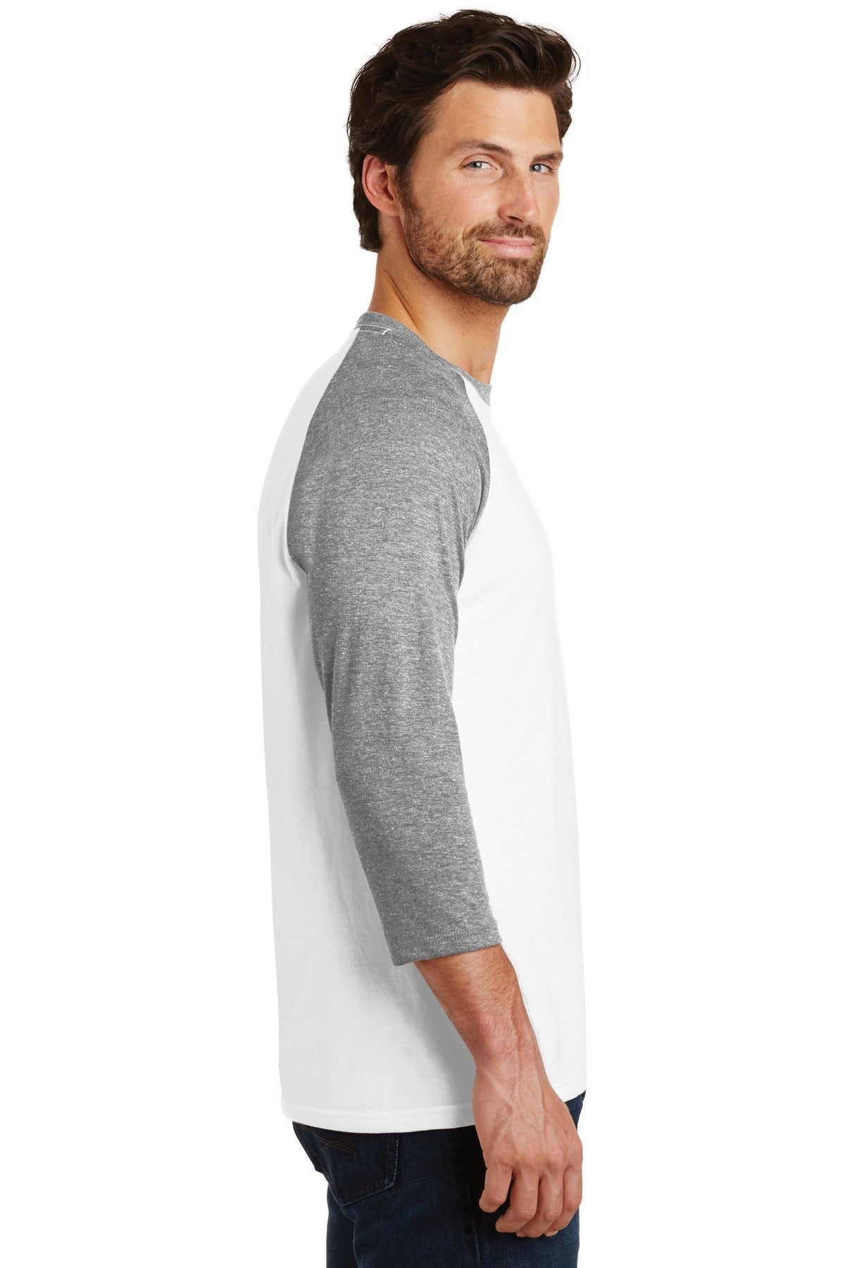 Right View of Grey Fr/White District Perfect Tri 3/4-Sleeve Raglan. DM136 plain