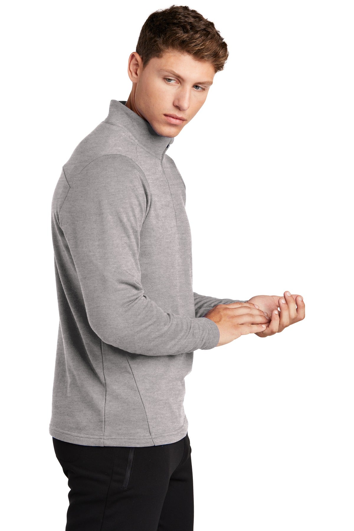 Right View of Heather Grey Sport-Tek Lightweight French Terry 1/4-Zip Pullover. ST273 plain