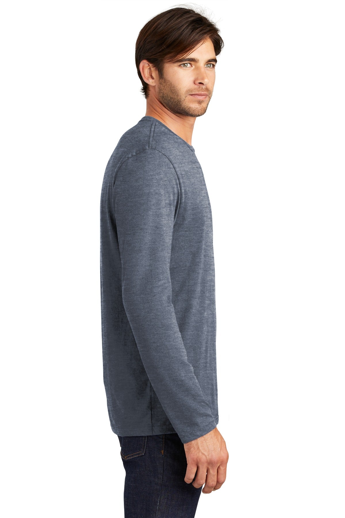 Right View of Heathered Navy District Perfect Weight Long Sleeve Tee. DT105 plain