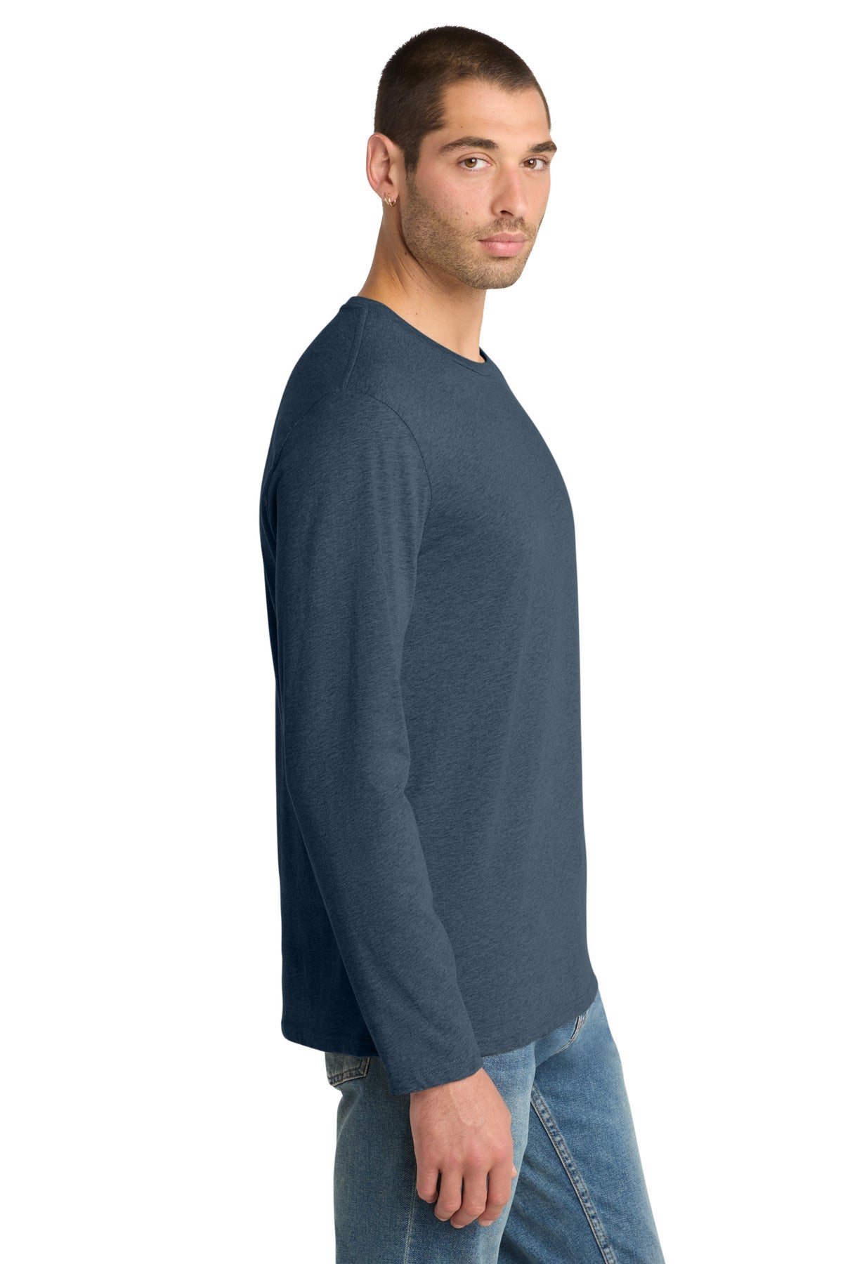 Right View of Heathered Navy District Perfect Weight Long Sleeve Tee. DT105 plain